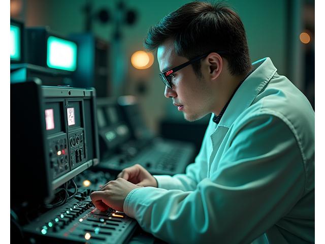 A technician meticulously checking high-end audio equipment backstage at an event, surrounded by neatly organized gear.