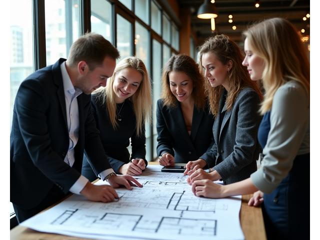 A diverse group of event professionals (venue manager, caterer, ThistleMoor representative) collaborating over blueprints in a stylish Manchester event venue.