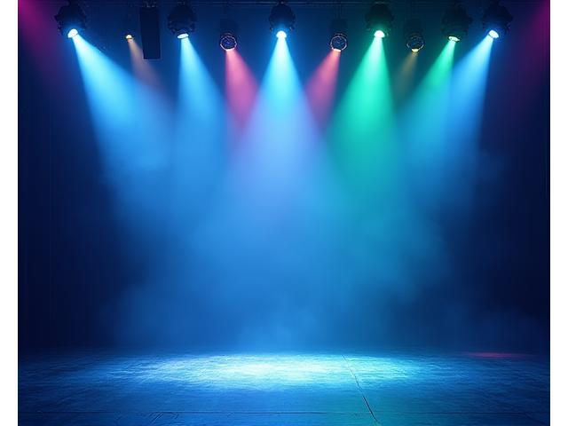 Concert stage with theatrical spotlights and wash lighting illuminating a performance
