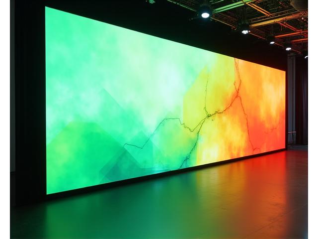 Large LED video wall displaying dynamic graphics at a corporate event