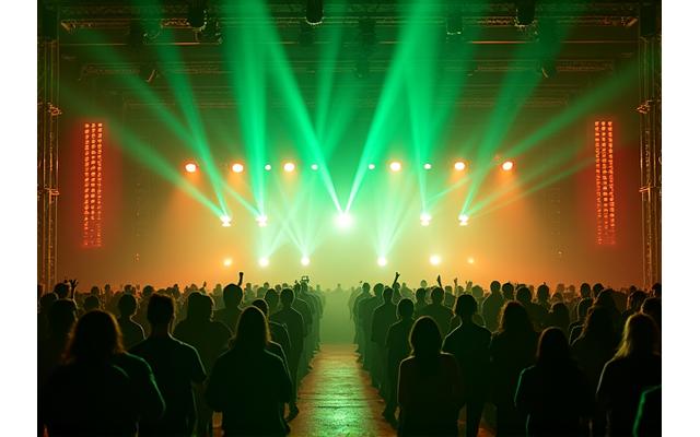 Dramatic event with professional stage lighting and high-fidelity sound system setup, creating an electrifying atmosphere