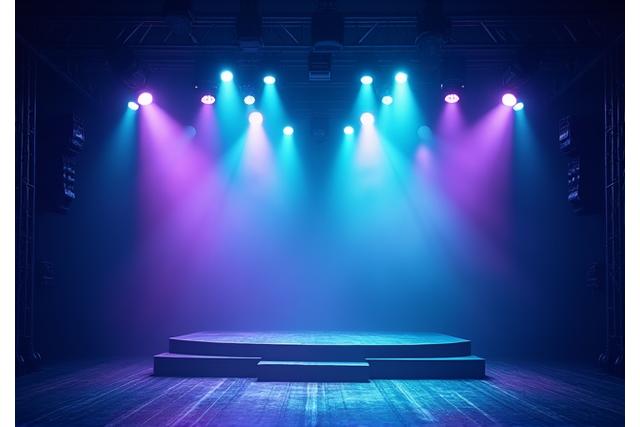 Concert stage bathed in dramatic stage lighting, follow spots, and atmospheric haze for a band performance