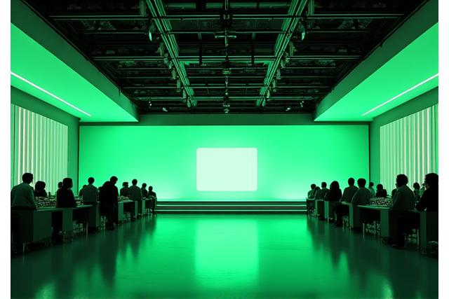 Sleek corporate event space with branded lighting, presentation spotlights, and sophisticated ambient lighting