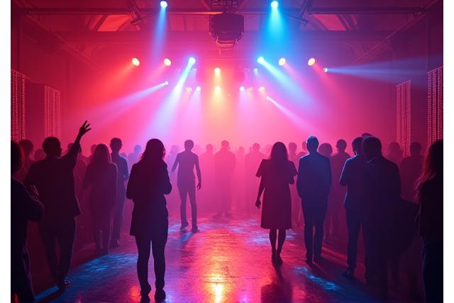 Vibrant party with colorful LED effects, dynamic dance floor lighting, and interactive elements