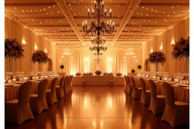 Romantic wedding reception with warm uplighting, fairy light canopy, and soft dance floor effects