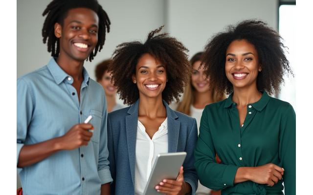 Diverse ThistleMoor Events team smiling, ready to assist clients with event planning inquiry and equipment rental in Manchester.