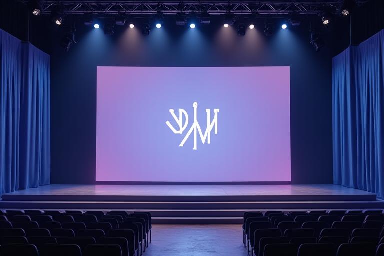 Branded staging with a company logo on a digital backdrop at a corporate event.