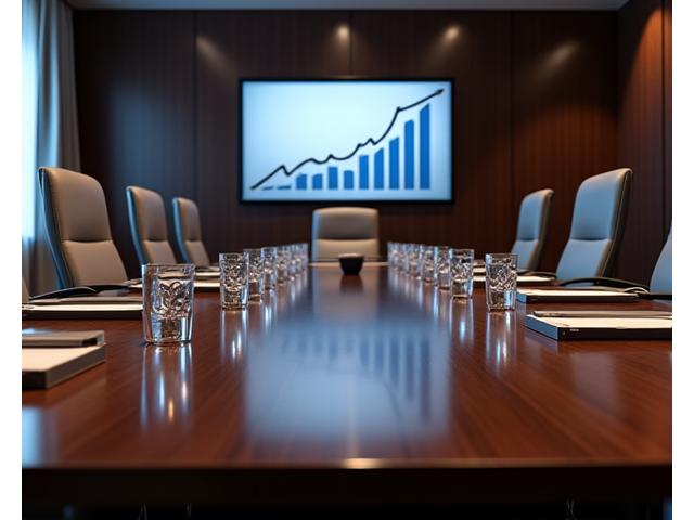Executive meeting setup with boardroom tables, professional AV, and catering stations.
