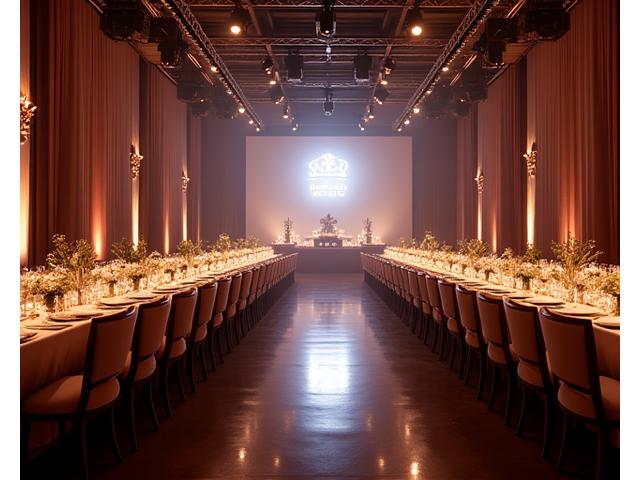 Elegant corporate gala with sophisticated staging, branded decor, and ambient lighting.