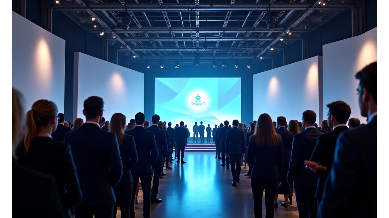 Sophisticated corporate event with branded staging and professional attendees in Manchester