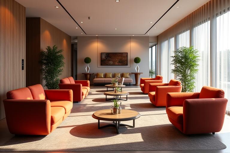 Stylish corporate networking lounge with comfortable seating and high-top tables.