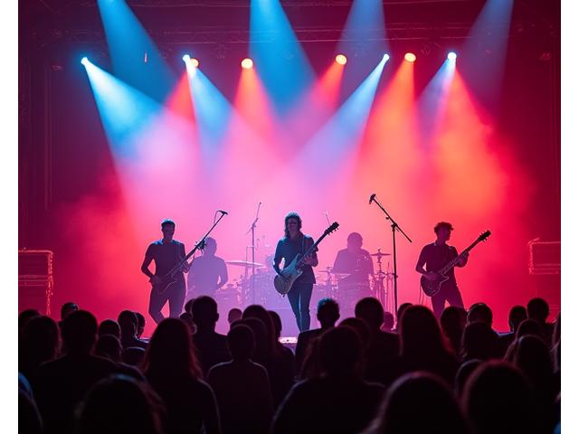 Vibrant concert stage with musicians performing under dynamic stage lighting