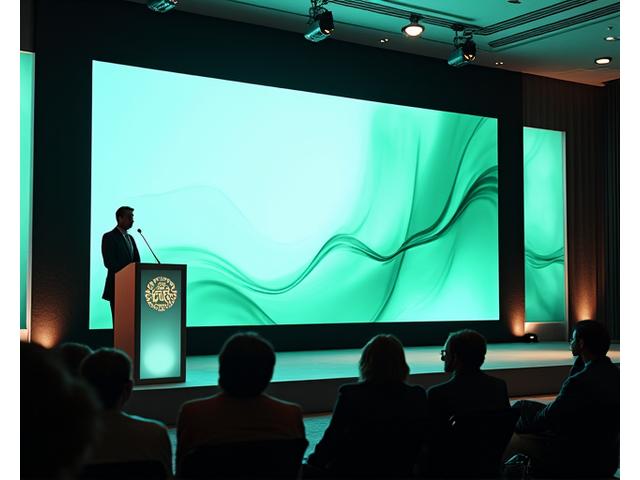 Modern corporate presentation stage with a speaker and large screen