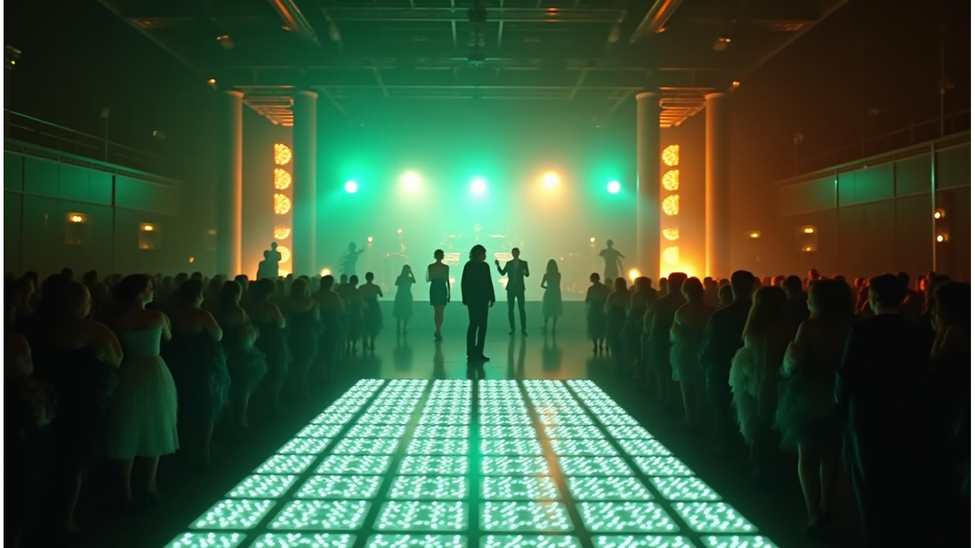 Stunning event stage with vibrant dance floor and performers under dynamic lighting in Manchester