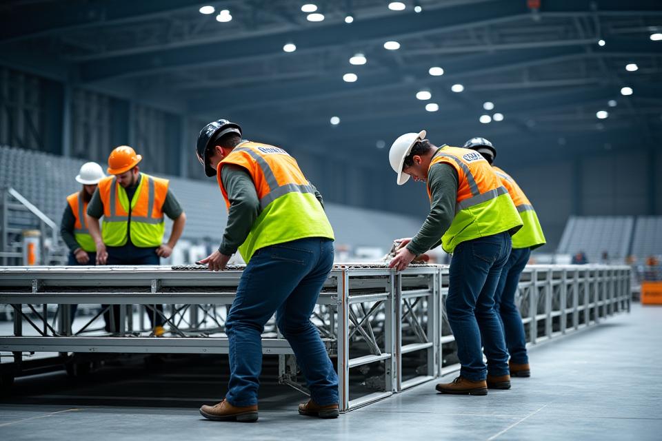 Professional installation team assembling a stage carefully at an event venue