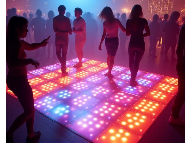Interactive LED dance floor with dynamic multi-color lighting effects at a vibrant party