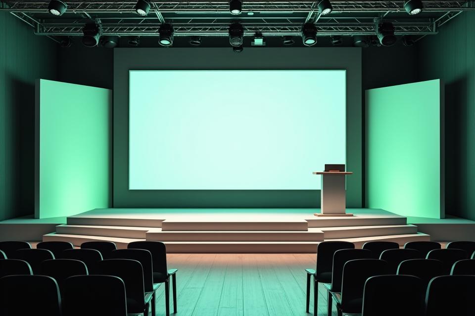 Modular stage system with various heights and a speaker presentation setup
