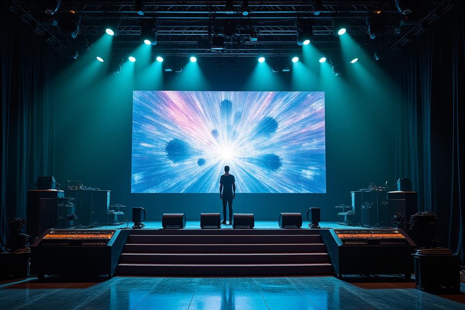 Integrated stage setup with professional lighting rigs, audio speakers, and LED screens