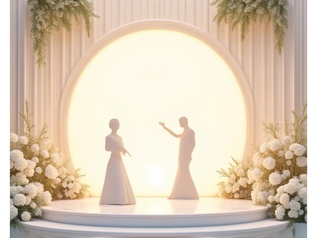 Elegant white wedding stage with floral decorations and a couple dancing