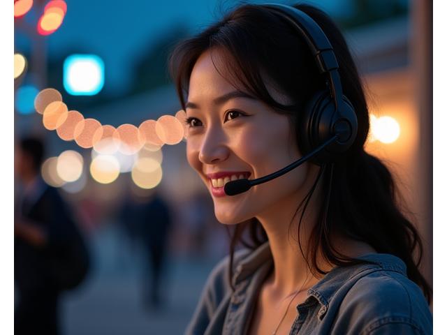Person speaking enthusiastically on a phone in an event setting, representing 24/7 support.