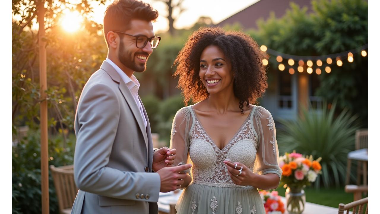 Happy couple setting up a festive outdoor wedding reception with ThistleMoor Events DIY equipment, smiling and celebrating their savings.