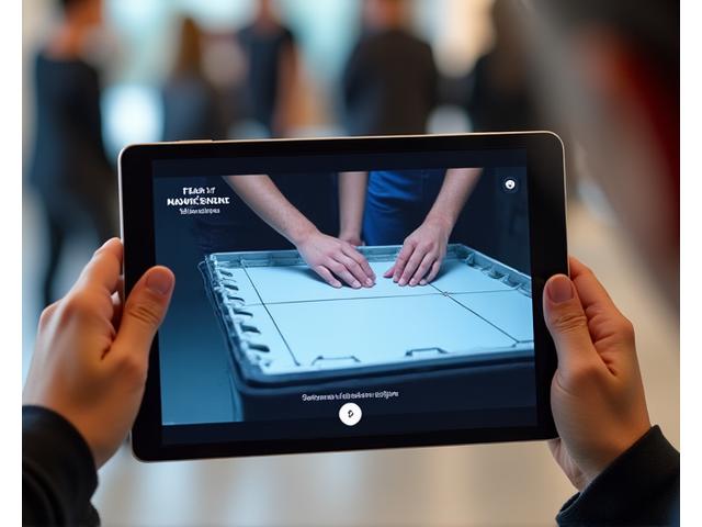 Tablet displaying a video tutorial for assembling a dance floor, with hands demonstrating.