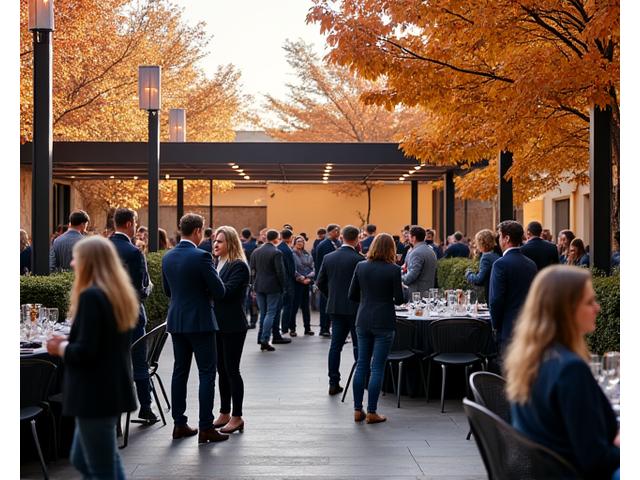 Professional autumn corporate event outdoors with subtle heating solutions ensuring guest comfort.