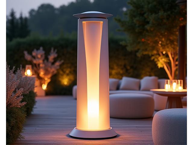 Modern, aesthetically pleasing outdoor heater resembling a sculptural piece amidst chic event décor.