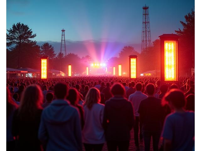 Lively outdoor music festival with discreet heating towers ensuring audience comfort in the evening.