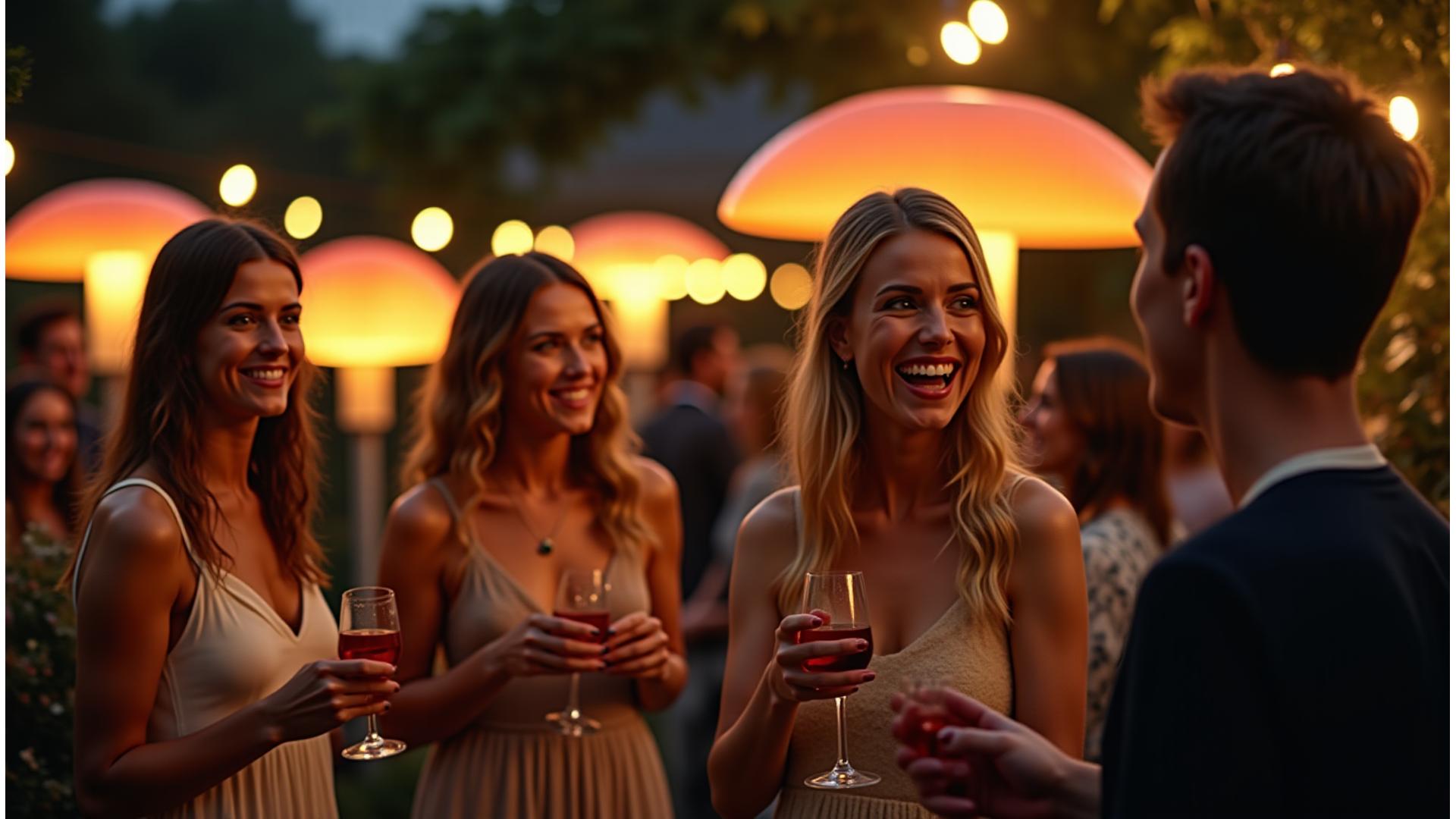 Cozy outdoor event in Manchester with elegant mushroom patio heaters, guests comfortably chatting in soft, warm light.
