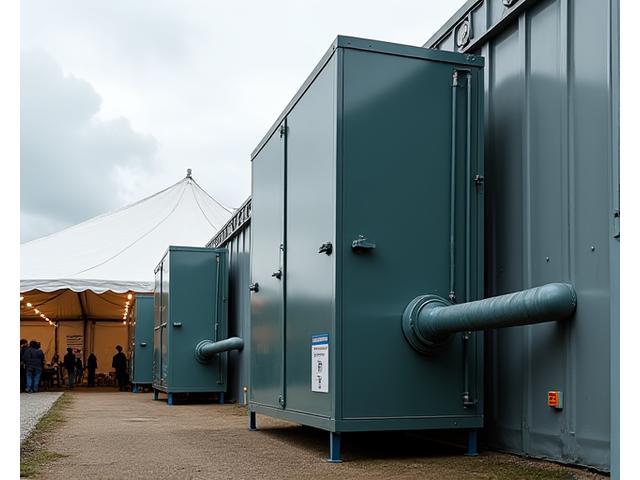 Robust industrial heater operating discreetly outside a large event marquee with ducting.