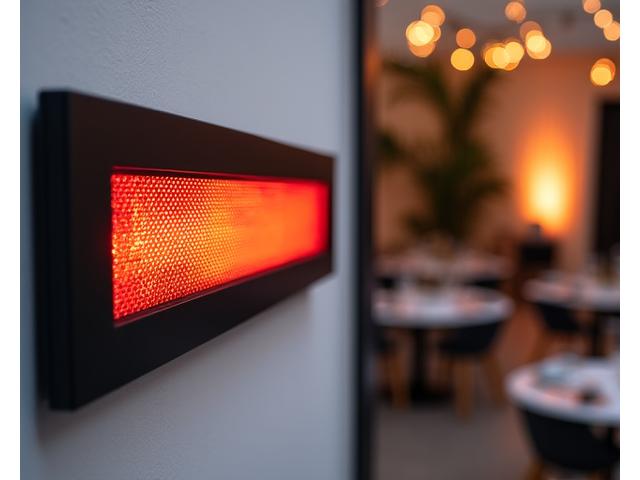Sleek, wall-mounted infrared heater subtly blending into a stylish outdoor venue.
