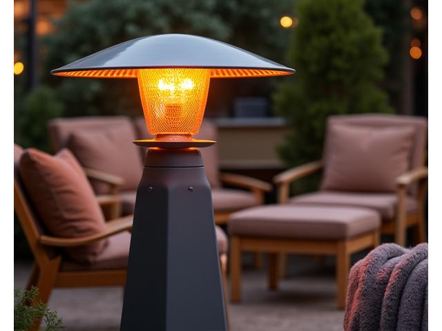 Elegant patio heater standing next to outdoor seating at an event.