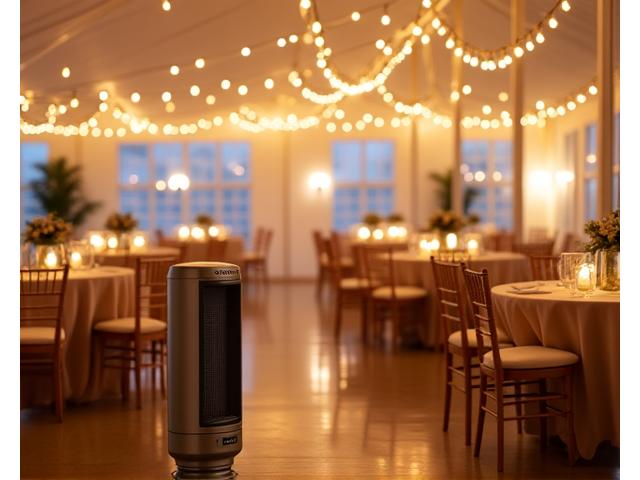 Compact, portable electric space heater inside a subtly lit event tent.