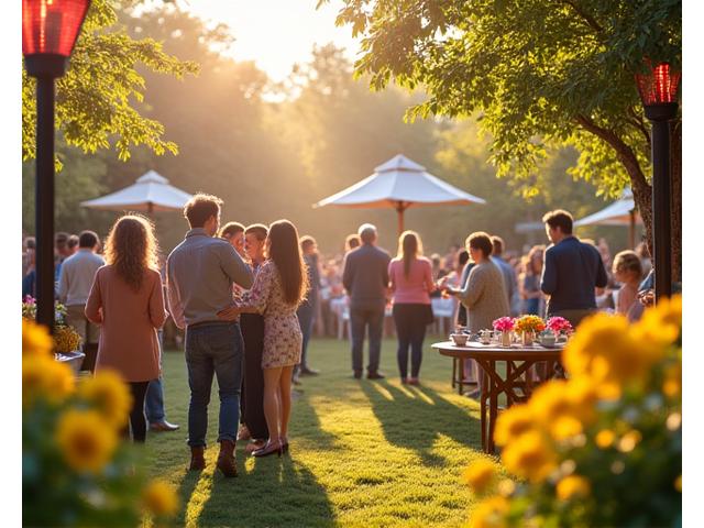 Vibrant spring celebration outdoors with guests comfortable despite a slight chill thanks to outdoor heaters.