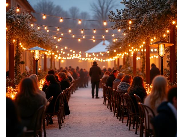 Romantic winter wedding scene with elegantly placed outdoor heaters creating a warm glow.