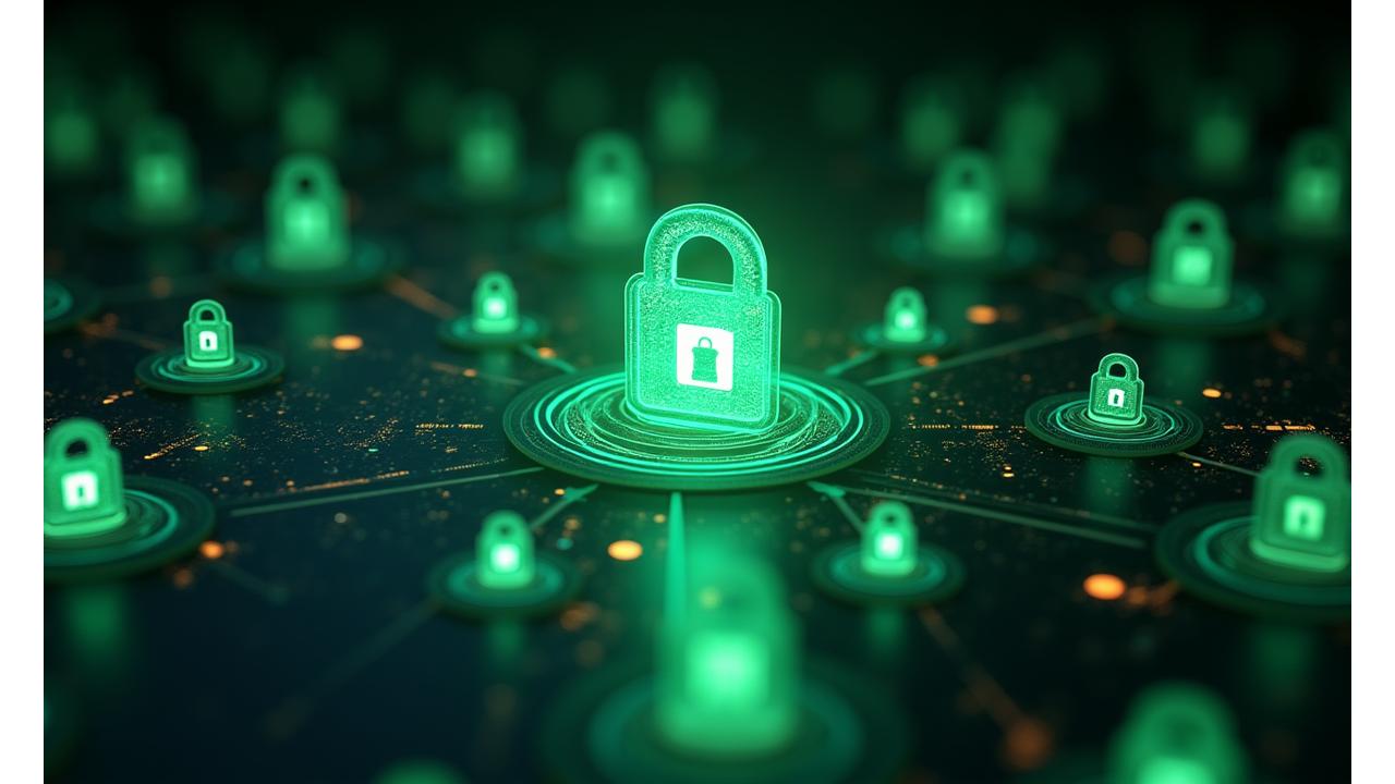 Image depicting abstract shields and lock icons protecting digital data, representing robust security measures