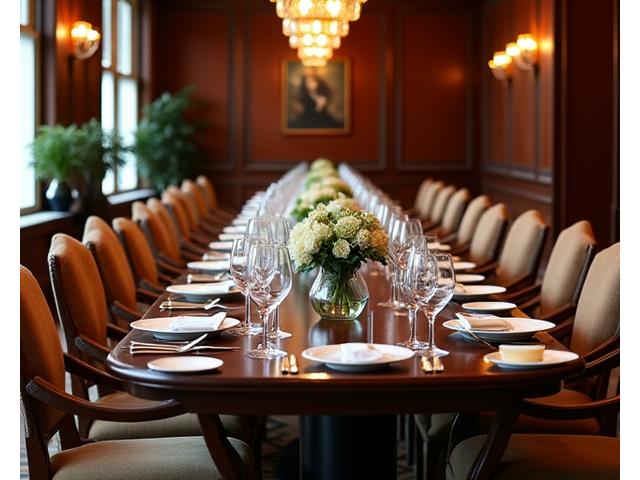 Classic formal dining setup with elegant tables and upholstered chairs