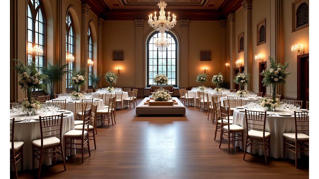 Elegant event setup with various tables and chairs under soft lighting in Manchester