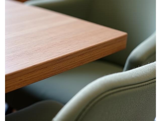 Close-up of high-quality wood grain on a rental table and durable upholstery of a chair