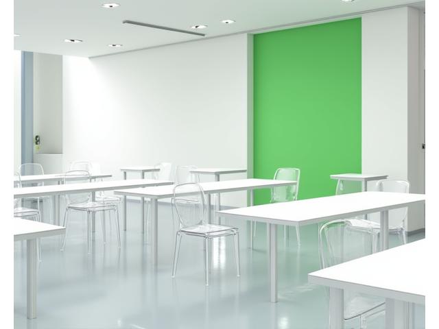 Modern contemporary event setup with sleek, minimalist tables and chairs