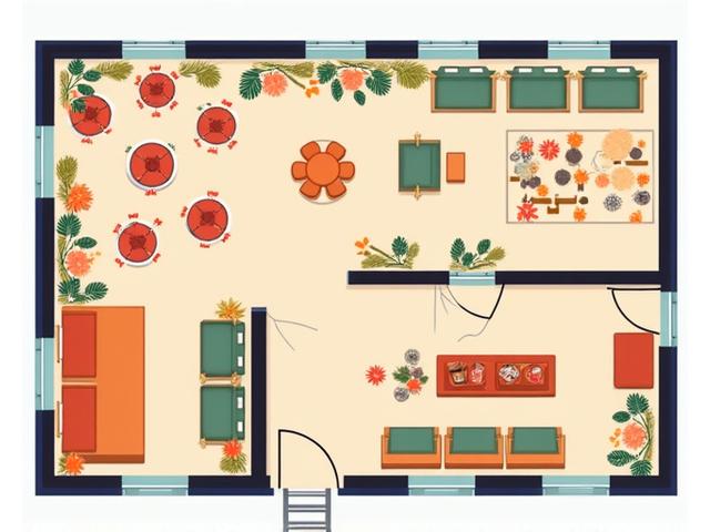 Floor plan for a party with cocktail stations and buffet lines