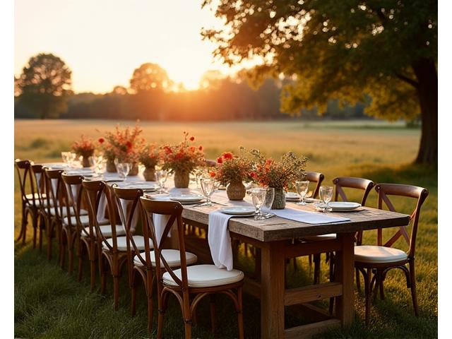 Rustic event setting with wooden farm tables and vintage-style seating