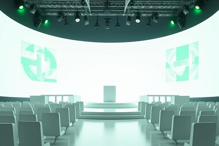 Corporate event marquee interior featuring bespoke branding elements like logos on walls and custom-colored lighting, for a product launch.