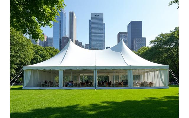 Modern marquee designed for a corporate event in a well-maintained park or outdoor corporate campus, with subtle branding.