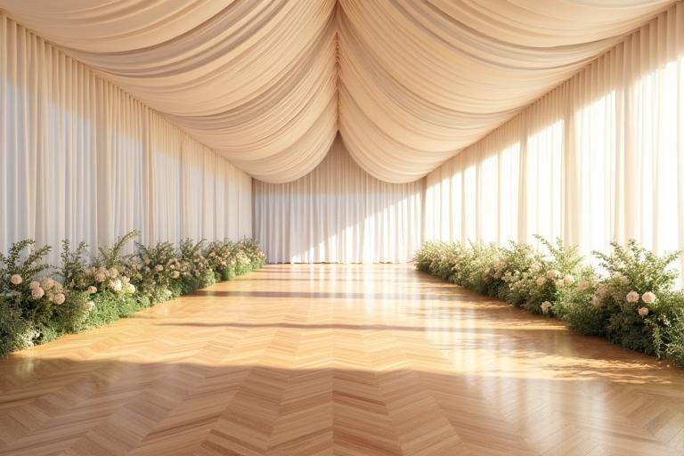 Elegant marquee interior with plush carpet flooring, white fabric draping, and a polished dance floor ready for guests.