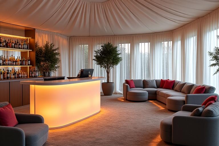 Stylish lounge furniture and a well-appointed bar setup inside a marquee, decorated for a sophisticated event.