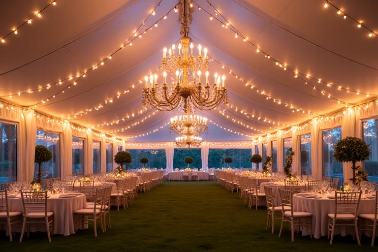 Marquee interior illuminated with warm fairy lights and elegant chandeliers, creating a festive ambiance.