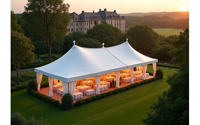 Elegant marquee set up in a lush private garden or estate with historic architecture in the background.
