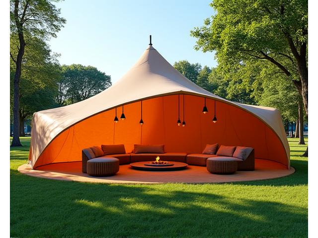 Dynamic stretch tent with organic, flowing shapes, providing shade and shelter for a festival or casual event.